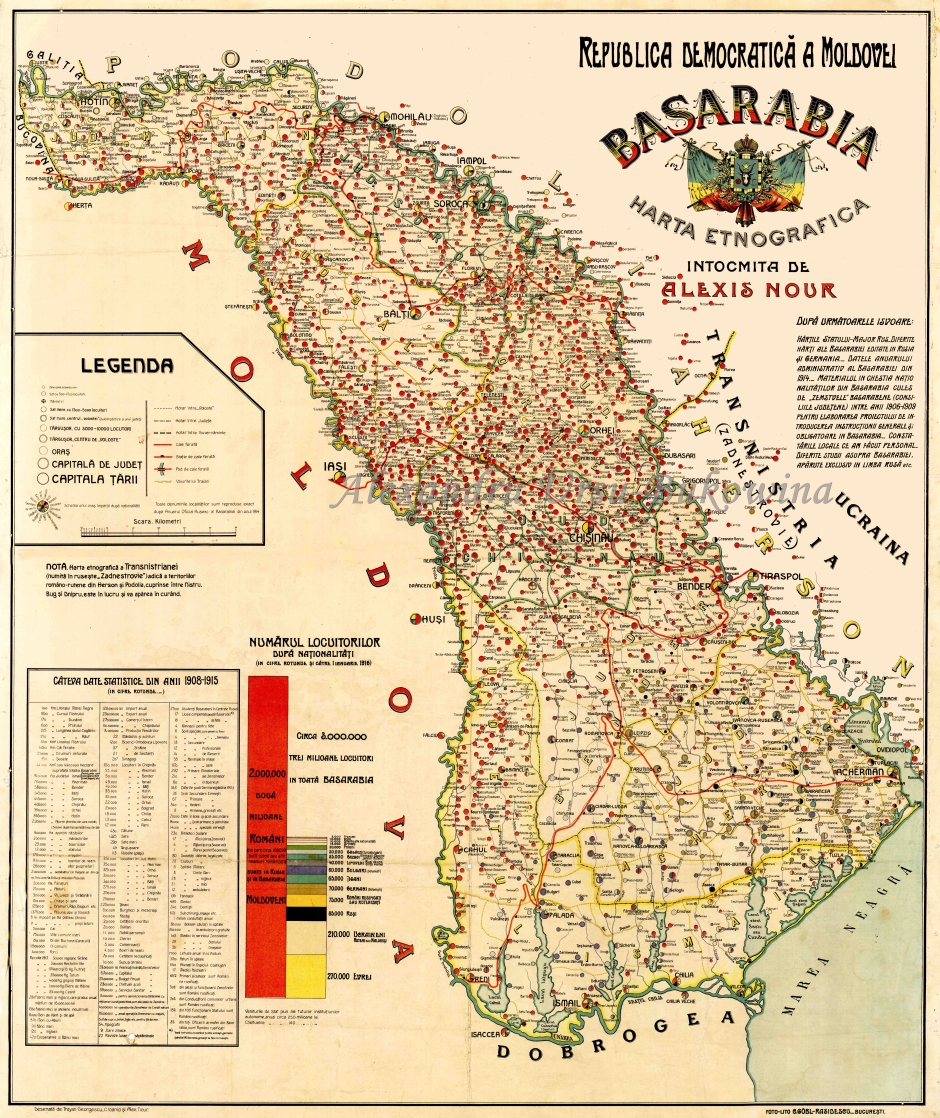 Moldova.1916. Harta etnografica a Basarabiei, realizata de catre Alexis Nour..